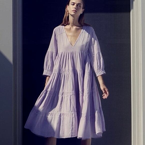 Devotion Twins Brussels Purple VNeck Long Sleeve Ruffle Tiered Midi Dress Size S - Picture 2 of 5